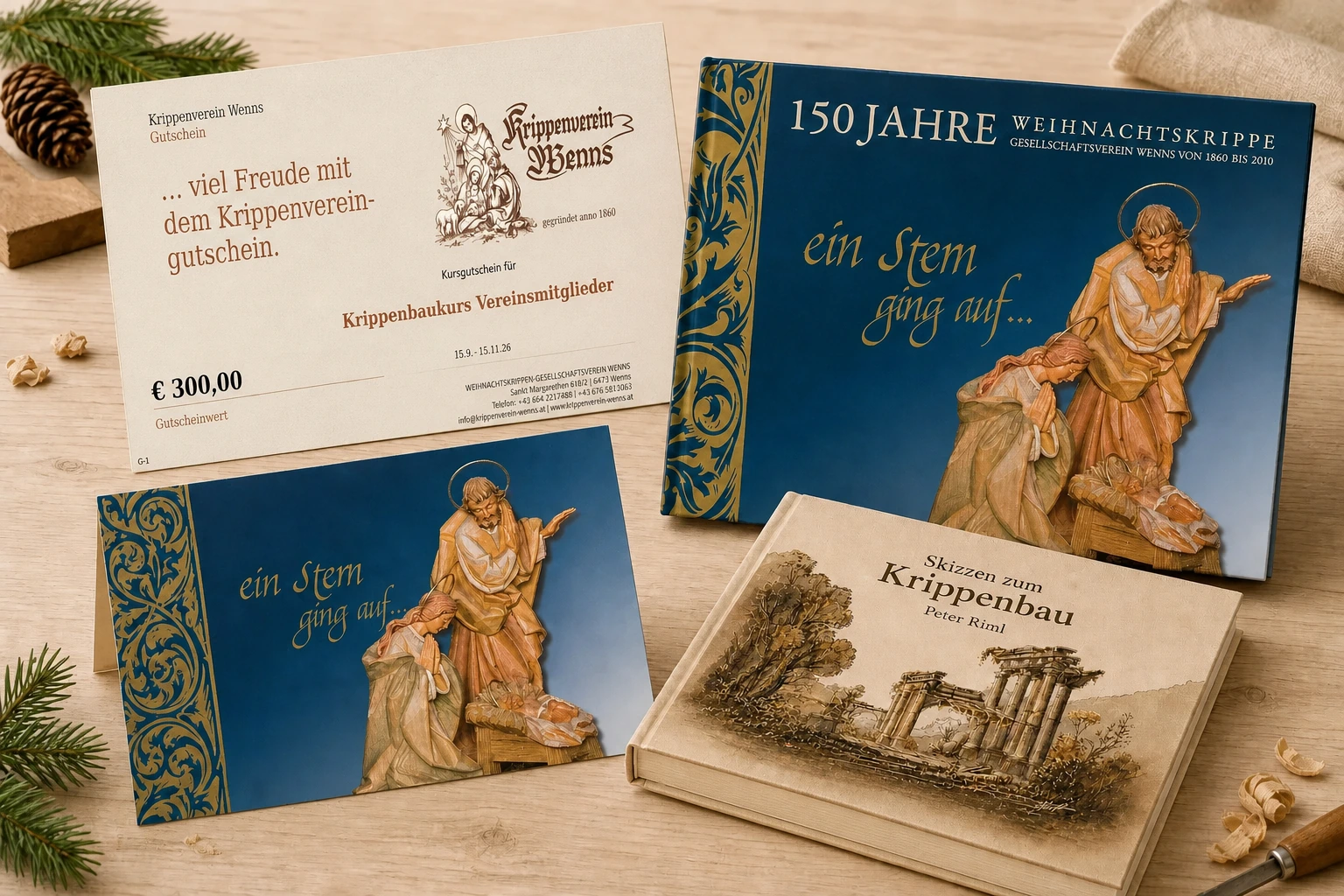 Originalmotive von Gutschein, Buch 150 Jahre Weihnachtskrippe, Weihnachtskarte und Buch Skizzen zum Krippenbau