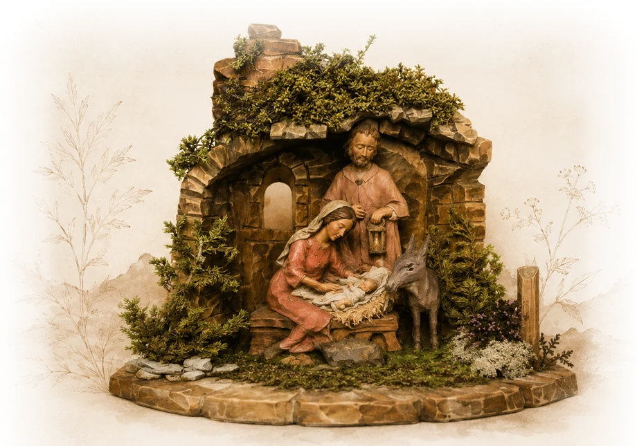 Freigestellte Krippenszene mit Figuren, Stall und Moos